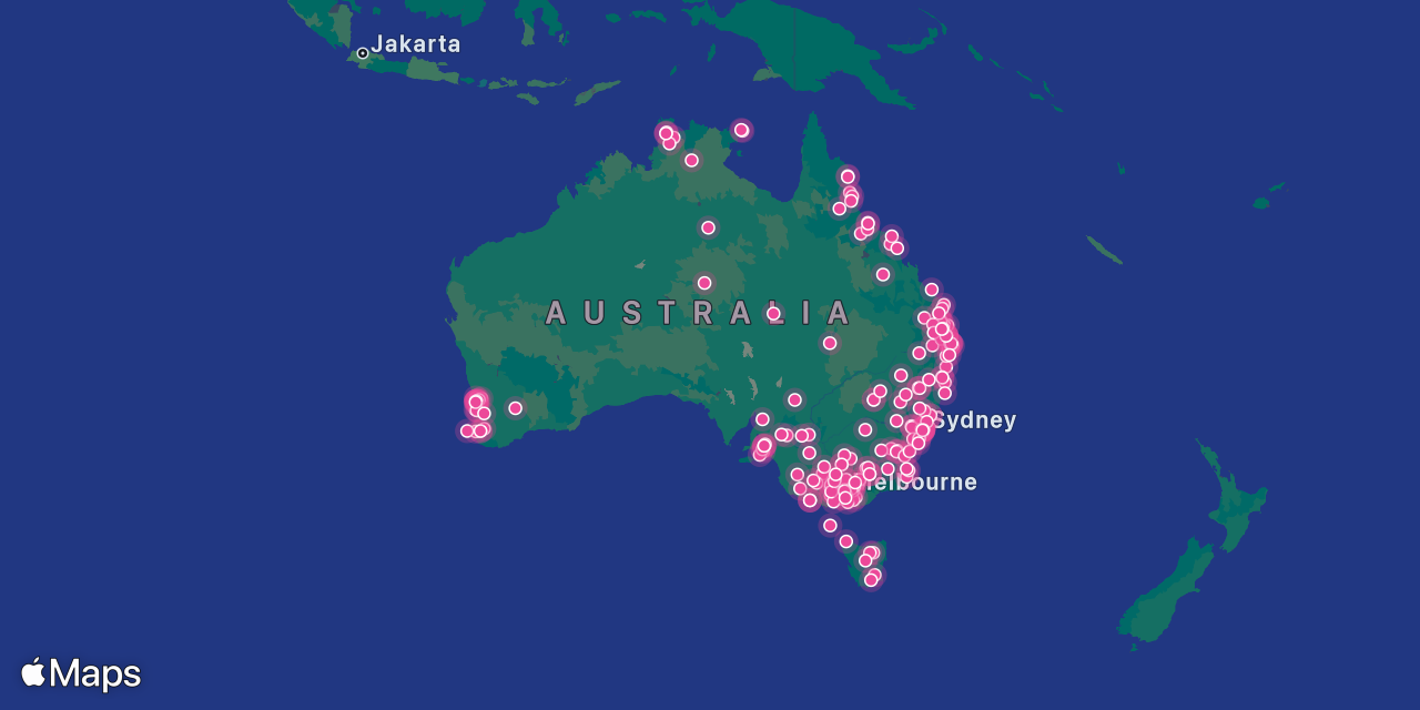 Map of Australia plotting 228 festivals of the 2026/27 season by location