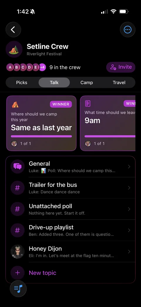 A Setline crew screen with group polls and chat topics for a festival weekend