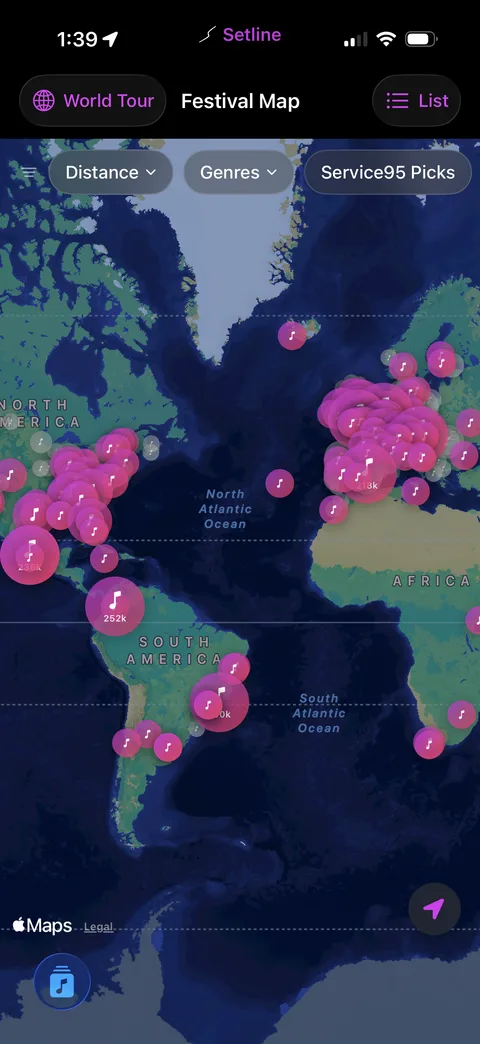 Setline World Tour map showing festivals clustered across the globe