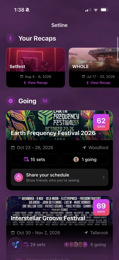 Setline home screen with recap cards and a list of upcoming festivals with countdowns
