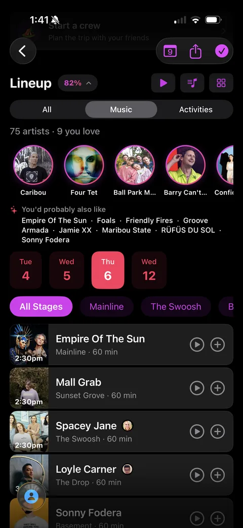 Setline festival lineup screen with Festival Match score, loved artists and set list