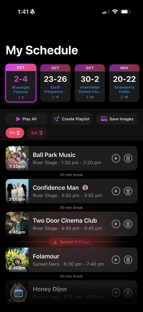 Setline My Schedule screen listing a day's sets with breaks and a sunset marker