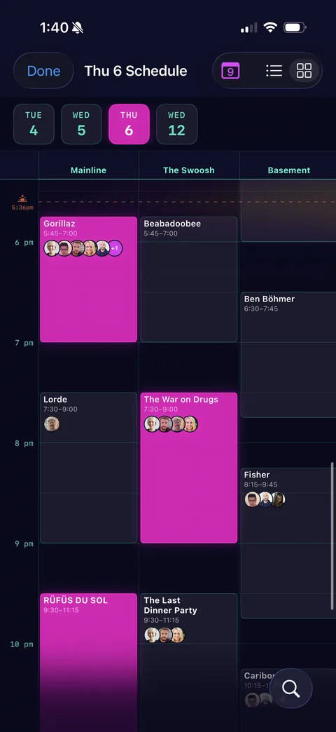 Setline day schedule grid across three stages with picked sets highlighted and friends' avatars